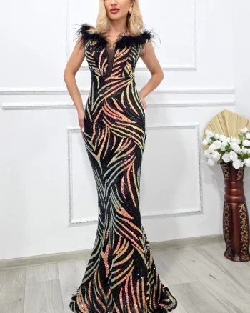 Rochie lunga de ocazie VaLLia, croi sirena, cu paiete multicolore si pene, Negru
