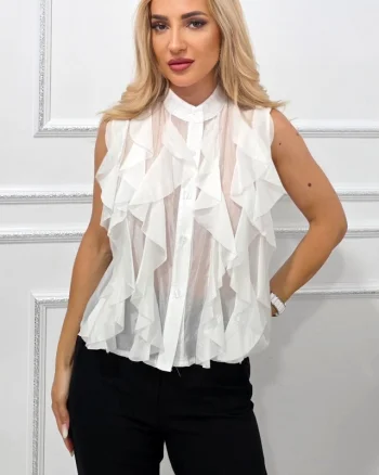 Camasa fara maneci din lyocell NIVA, cu volanase, Alb, Marime S/M