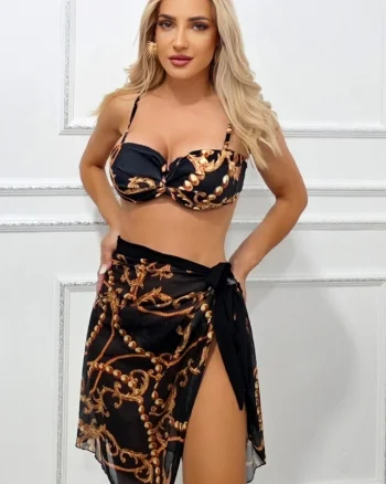 Set de plaja trei piese LYSA, fusta pareo si costum de baie cu push up, Luxury