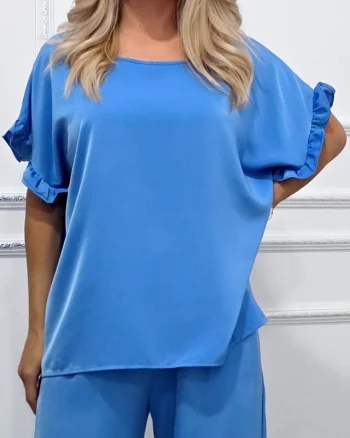 Bluza vaporoasa NORYA, cu maneca scurta si volane, Albastru deschis