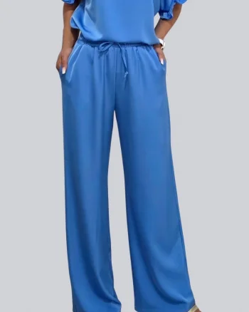Pantaloni casual vaporosi NORYA, croi larg cu banda elastica, Albastru deschis