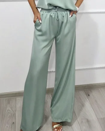 Pantaloni lungi vaporosi LYRA, croi larg cu banda elastica, Vernil