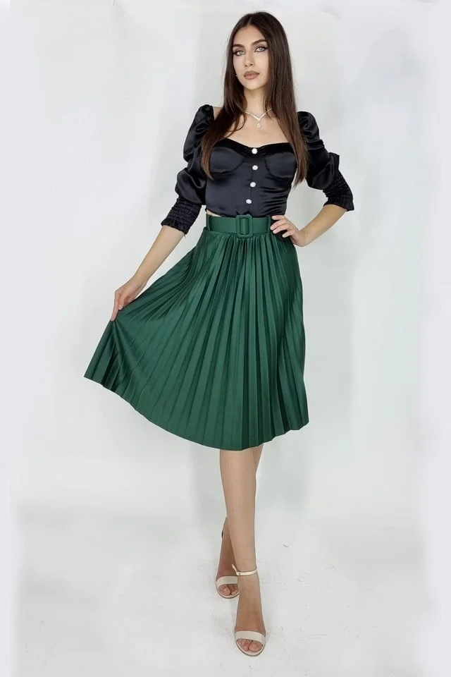 Fusta plisata eleganta Carmen, curea de aceeasi culoare inclusa, Verde, Marime universala S/M