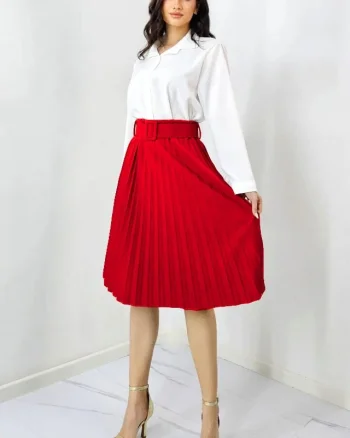 Fusta plisata eleganta Carmen, curea de aceeasi culoare inclusa, Rosu, Marime S/M