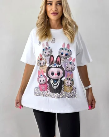 Tricou dama cu print La BuBu, croiala oversize cu perle si cristale, Alb, Marime S/M/L