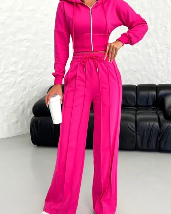 Compleu casual WalKING Time, hanorac si pantaloni cu dungi in relief, Fucsia