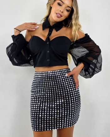 Fusta scurta eleganta cu paiete oglinzi Oriana, Negru, Marime S/M