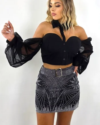 Fusta scurta Paola cu imprimeu abstract, din paiete si curea, Negru, Marime S/M