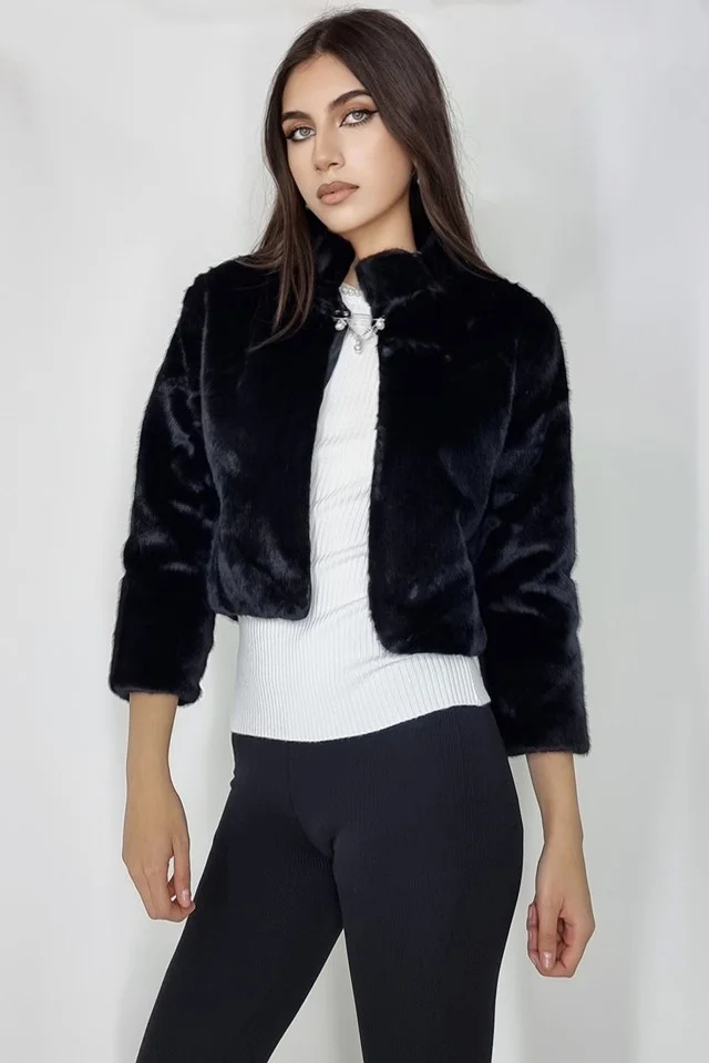 Haina din blana ecologica Graziana, cu maneca trei sferturi si accesoriu inclus, Negru, Marime universala S/M