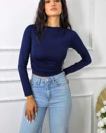 Bluza scurta cu pliuri Dakota, si maneca lunga, Bleumarin