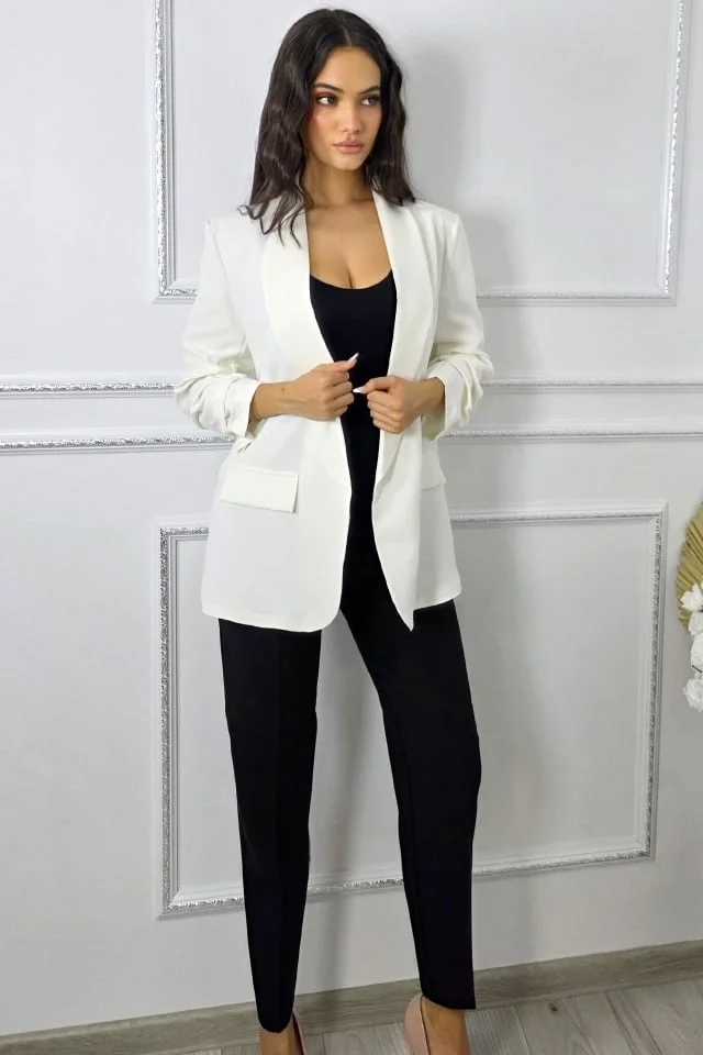Sacou office Alessia, cu revere si buzunare decorative, Alb, Marime S/M