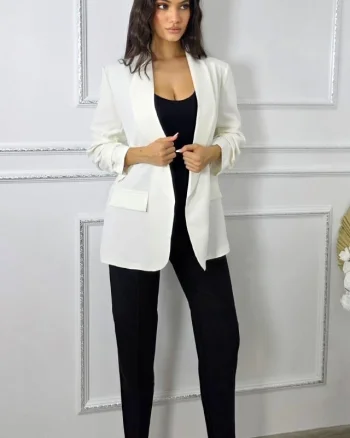 Sacou office Alessia, cu revere si buzunare decorative, Alb, Marime S/M