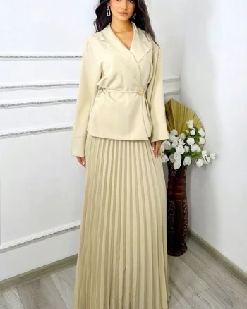 Compleu business LUNIS, cu sacou petrecut si fusta plisata, Crem, Marime S/M/L