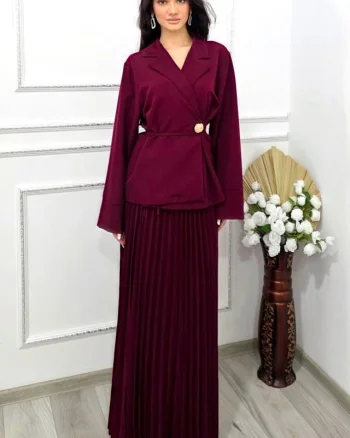 Costum business LUNIS, cu fusta lunga si sacou petrecut, Burgundy, Marime S/M/L