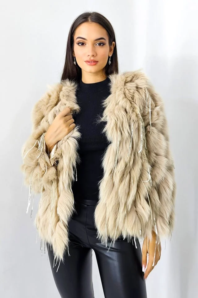 Haina eleganta Aylin, din blana naturala de vulpe, cu paiete asimetrice, Crem, Marime S/M/L