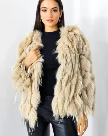 Haina eleganta Aylin, din blana naturala de vulpe, cu paiete asimetrice, Crem, Marime S/M/L