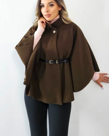 Cardigan tip poncho Amalia, cu nasture si curea in talie, Maro