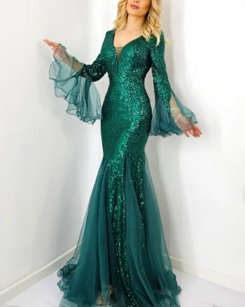 Rochie lunga tip sirena Olympias, cu paiete si mansete evazate din voal, Verde imperial