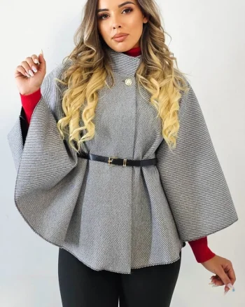 Capă eleganta tip pelerina, Amalia, cu buton si curea, Gri