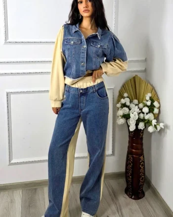 Compleu cu panou de blugi, Samya, pantaloni si jacheta hibrid, Crem, Marime S/M