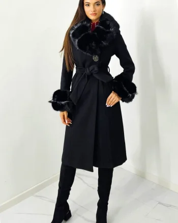 Palton elegant Anastasia, cu brosa, mansete si guler din blana ecologica, Negru