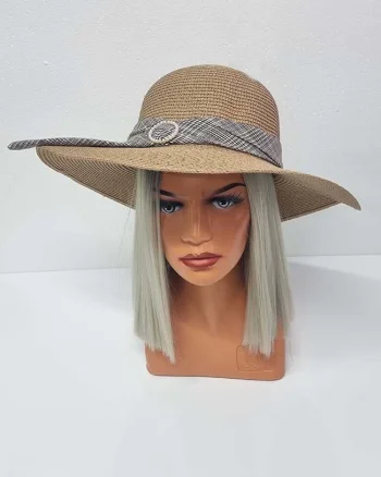 Palarie de plaja Celia cu banderola in doua culori, bej