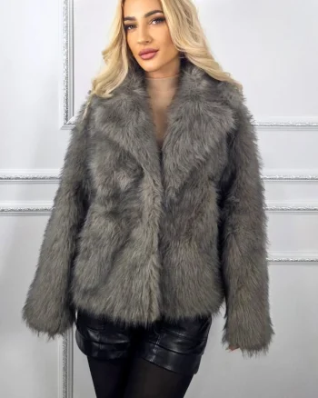 Haina scurta de dama Kasmina, din blana ecologica, cu buzunare, Gri, Marime S/M