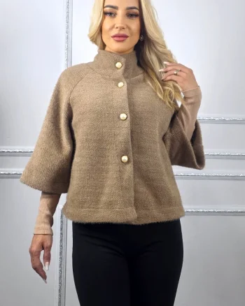 Bolero cu maneca trei sferturi, VORRA si butoni perla, Bej, Marime S/M
