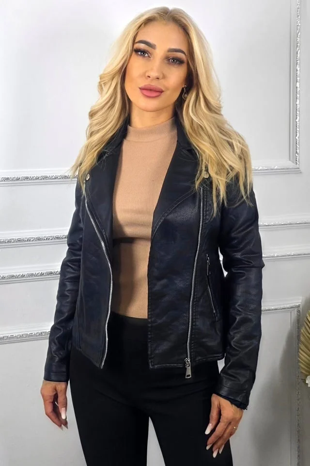 Geaca din piele ecologica NYTA, model biker cu inchidere laterala, Negru