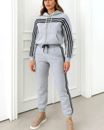 Trening cu gluga VELORA, vatuit, bluza cu fermoar si pantaloni, Gri