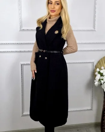 Pardesiu lung fara maneci SILVANA, cu brosa si curea incluse, Negru, Marime S/M/L