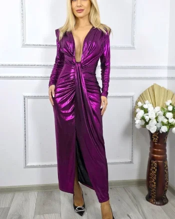Rochie de evenimente Julietta, cu umeri evidentiati si falduri, Fucsia, Marime S/M