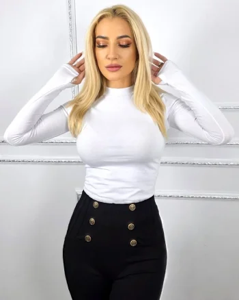 Maleta midi Clarissa, cu guler inalt si fenta deget, ALB