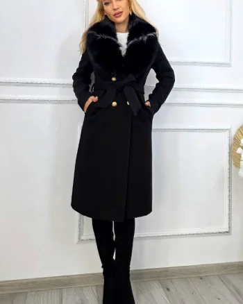 Palton elegant de dama MABELL, cu blana si inchidere cu butoni aurii, Negru