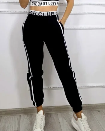 Pantaloni vatuiti cu bumbac, MOVEN Club si talie inalta, Negru