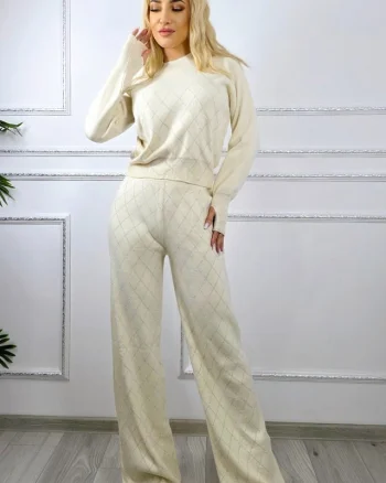 Compleu cu lana si paiete Rewe Mirage, pantaloni si jerseu, Crem, Marime S/M/L
