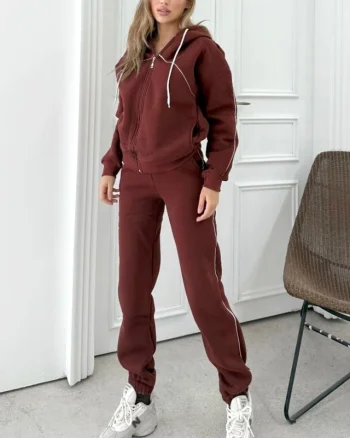 Trening vatuit, cu gluga, Zarah, bluza cu fermoar si pantaloni, Maro