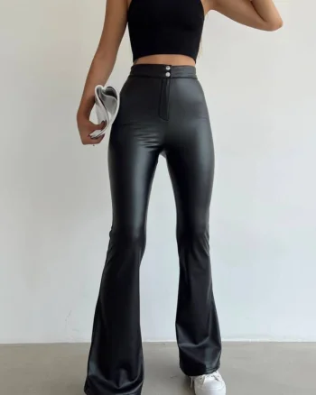 Pantaloni evazati Balkan, din piele ecologica, cu banda fixa in talie, Negru