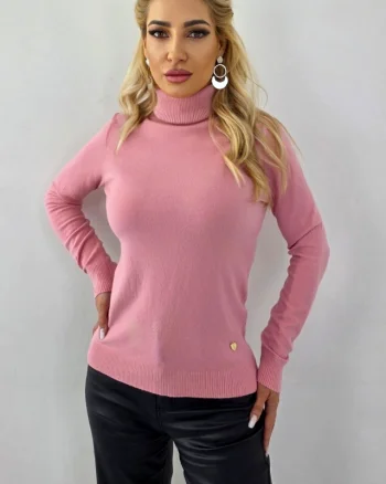 Pulover accesorizat din casmir si lana, PATY Roll, cu guler rulat, Roz, Marime S/M