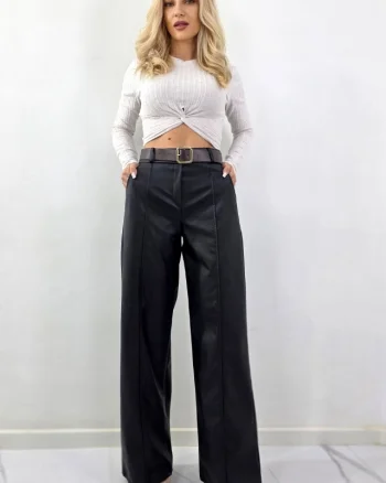 Pantaloni vatuiti Leonis, din piele ecologica, cu buzunare si curea asortata, Negru, Marime S/M