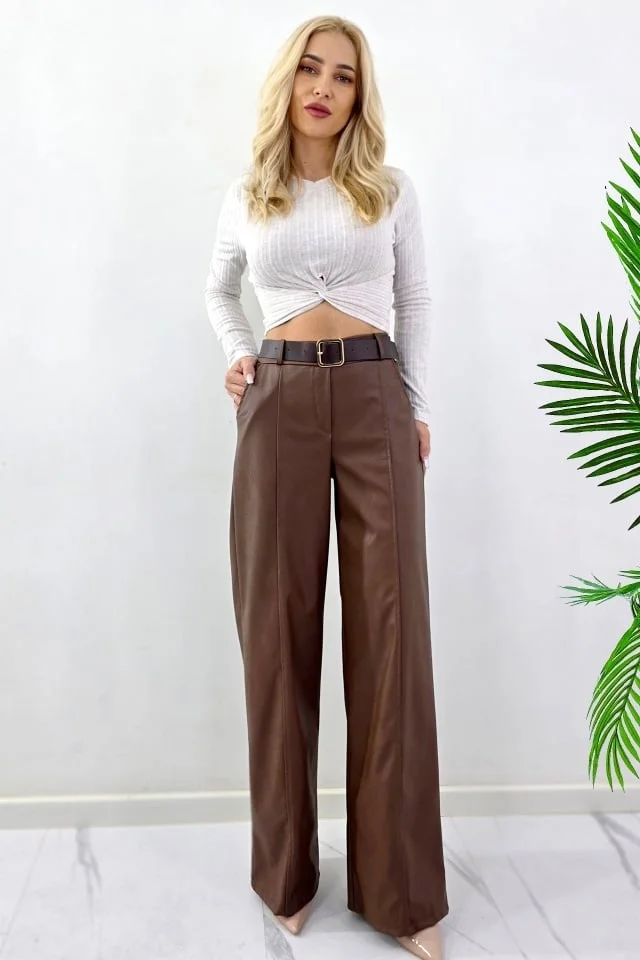 Pantaloni vatuiti Leonis, din piele ecologica, cu buzunare si curea asortata, Maro, Marime S/M