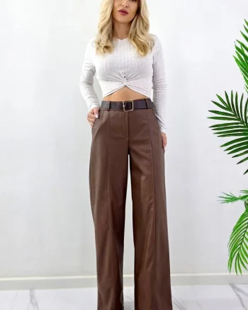 Pantaloni vatuiti Leonis, din piele ecologica, cu buzunare si curea asortata, Maro, Marime S/M