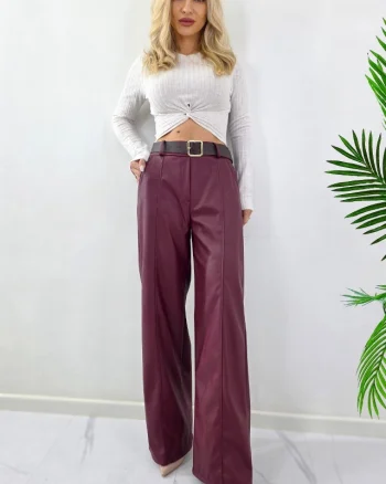 Pantaloni lungi, vatuiti din piele eco, Leonis, cu banda elastica si buzunare, Bordo, Marime S/M