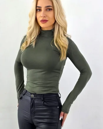 Bluza subtire de dama Lady Liza, cu guler pe gat, Verde Kaki