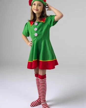 Costum Crăciun fetiță Elf Candy – set 3 piese: rochiță, ciorapi, căciulă