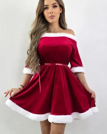 Rochie babydoll Craciunita RUBY Santa, cu blanita alba, umerii goi, maneca scurta, Rosu, Marime S/M