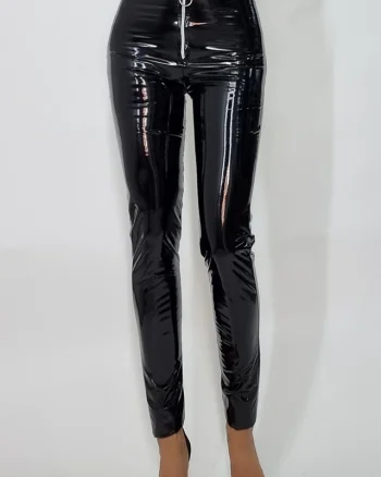 Pantaloni latex cu fermoar in fata, Abby, Negru