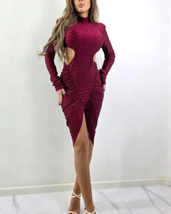 Rochie asimetrica, decupata NYVARA, cristale si cupe buretate, Burgundy, Marime S/M