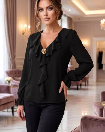 Bluza eleganta de dama, NORIA, cu volane si brosa aurie, Negru, Marime S/M
