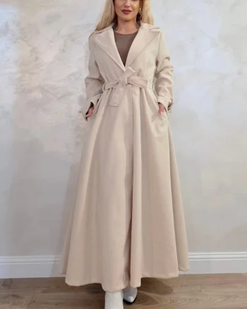 Palton lung cu nasturi Merina, falduri si cordon, Crem, Marime S/M/L